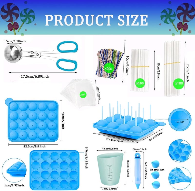 YIICUZP 606Pcs Cake Pop Kit,Silicone Lollipop Molds Including Lollipop Sticks,Measuring Cup,Treat Bags,Twist Ties,Decorating Pen,Meat Baller with Handles,Round Mold,Lollipop, Candy,Display Stand Holder(Blue) - Image 2